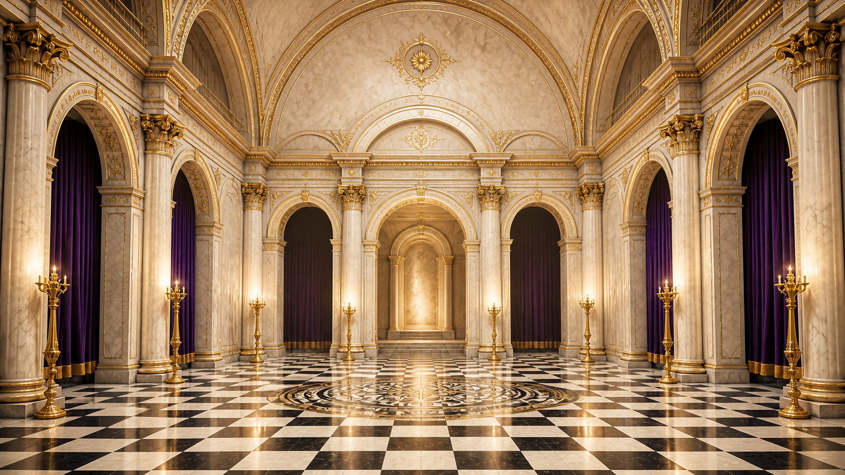 Bright gold-trimmed Sanctum with purple curtains and a black-and-white mosaic floor